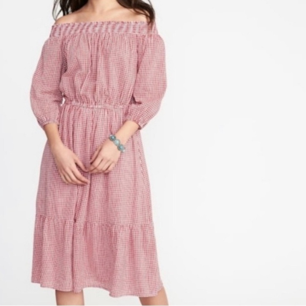Old navy large Red Gingham Off-Shoulder Peasant tiered midi dress tomato girl 🍅 - Picture 3 of 7